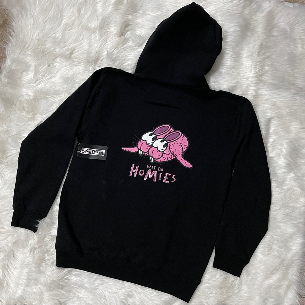 Luckie Losers Black “Wit Da Homies” Pink Bunny Slippers Graphic Pullover Hoodie
